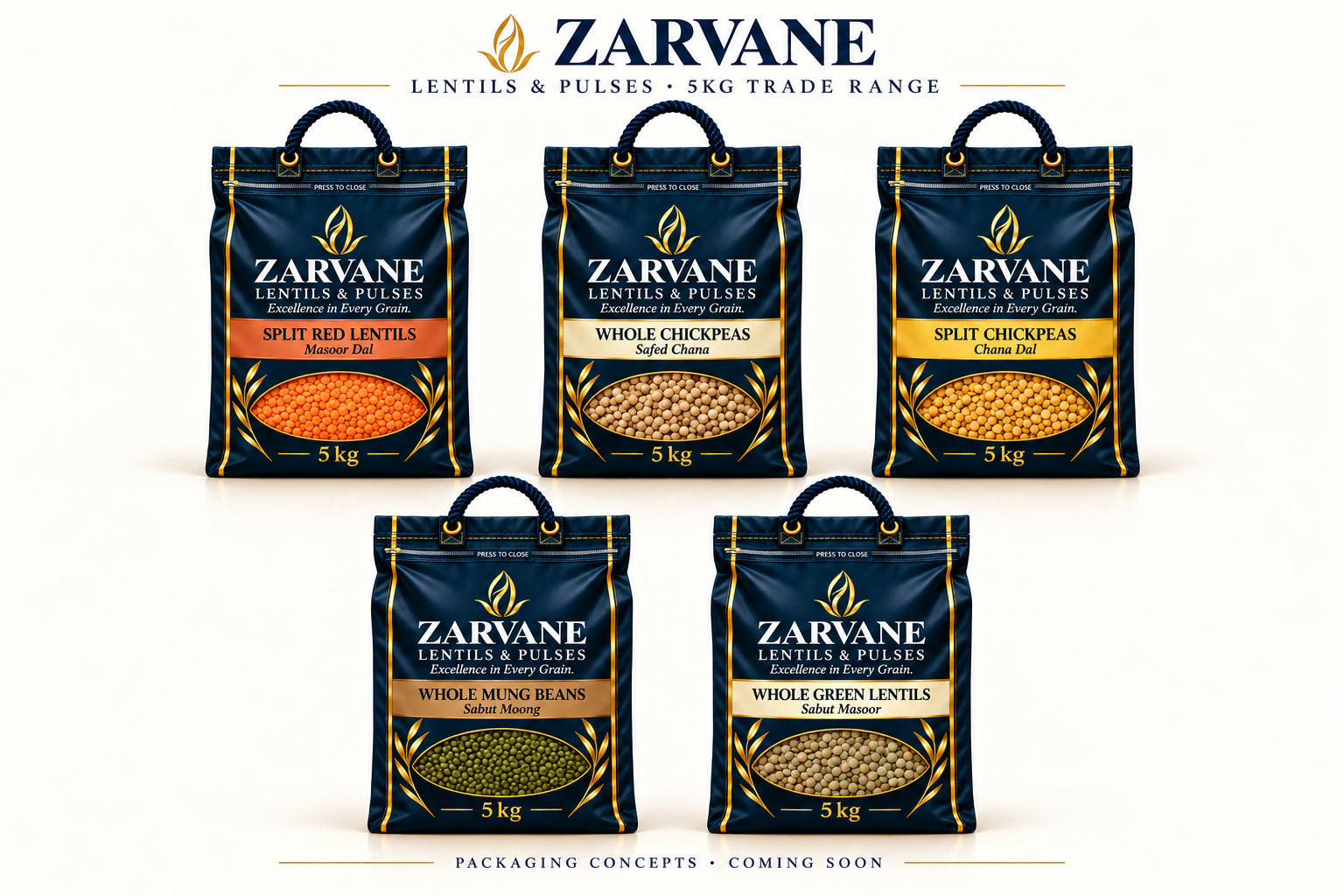 Five navy and gold Zarvane 5kg bags: split red lentils, whole chickpeas, split chickpeas, whole mung beans and whole green lentils.