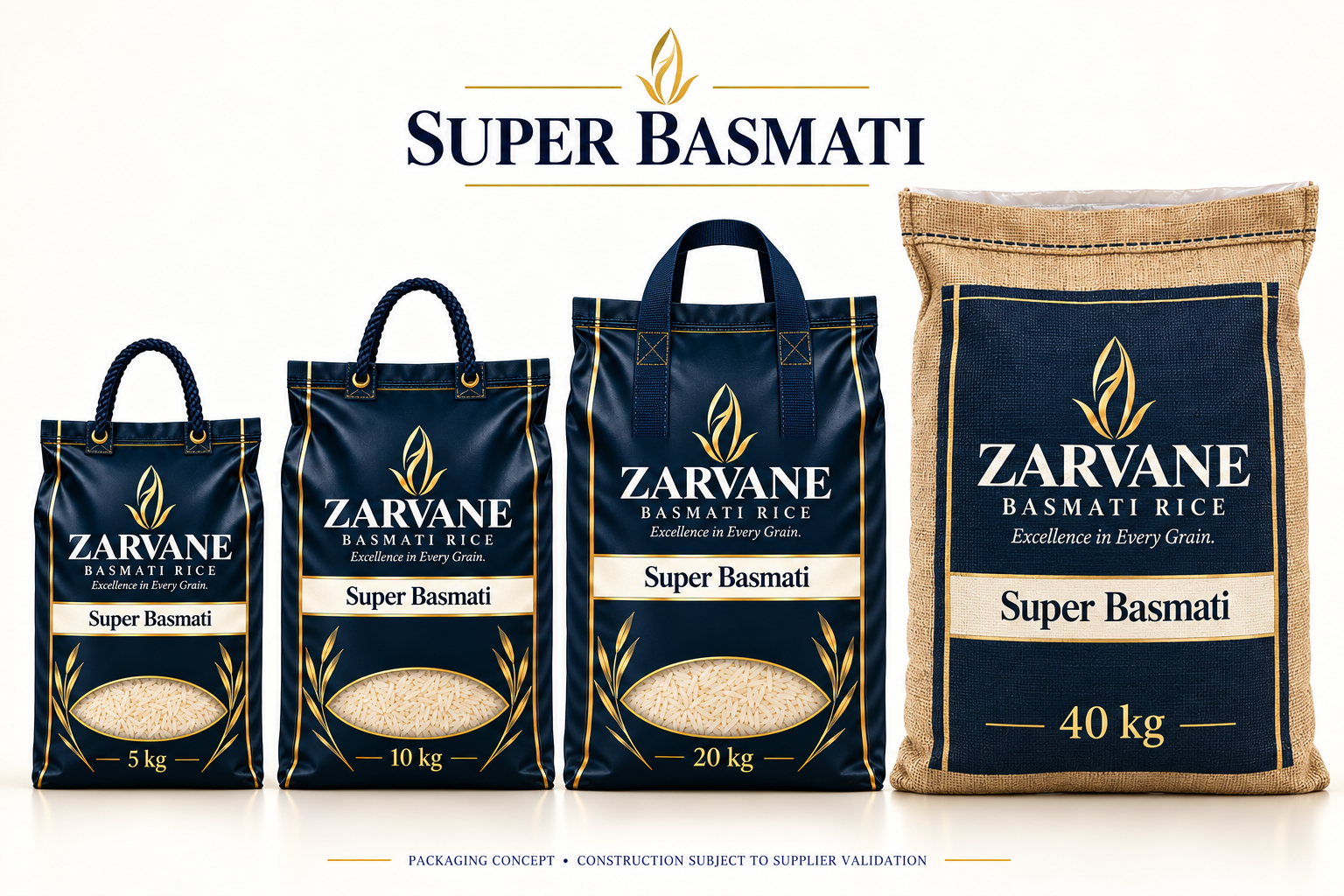Zarvane Rice packaging in 1kg, 2kg, 5kg, 10kg, 20kg and 40kg sizes
